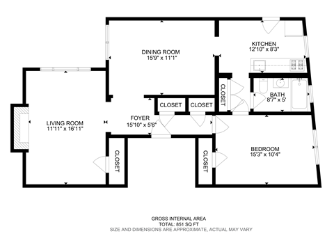 Floor plan for 1 bed, 1 bath, 850 sqft